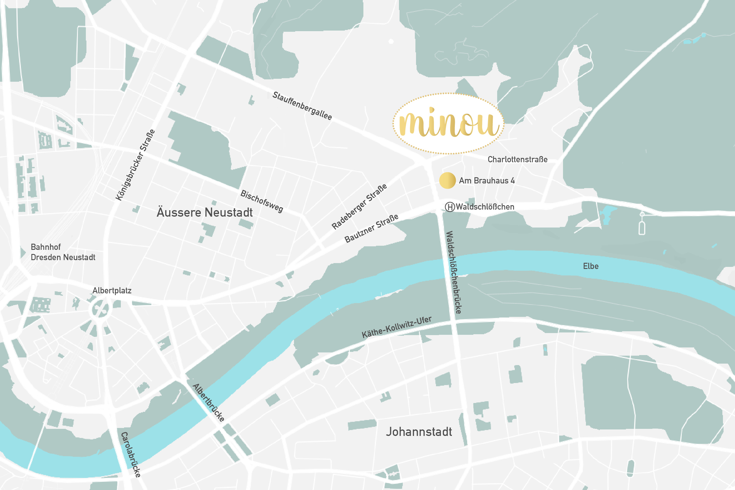 Stadtkarte mit Sicht auf die Dresdner Neustadt und das Waldschlößchenareal - Markierung des Standortes minou, Am Brauhaus 4